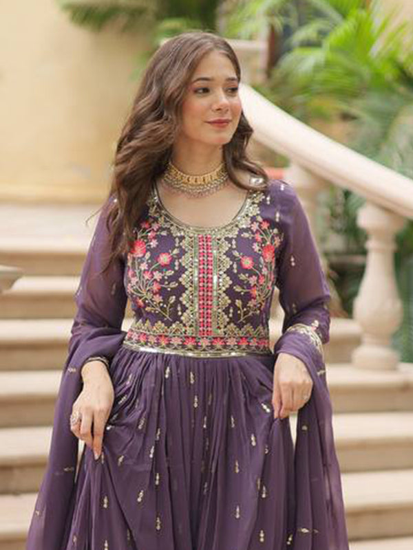 Deep Purple Georgette Sequins Embroidery Work Sharara Suit With Dupatta