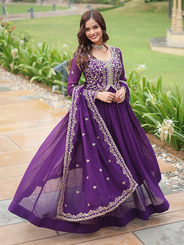 Purple Faux Blooming Rich Sequins Embroidered Gown With Dupatta