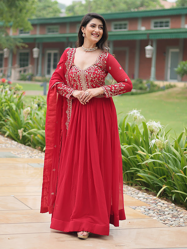 Red Faux Blooming Rich Sequins Embroidered Gown With Dupatta