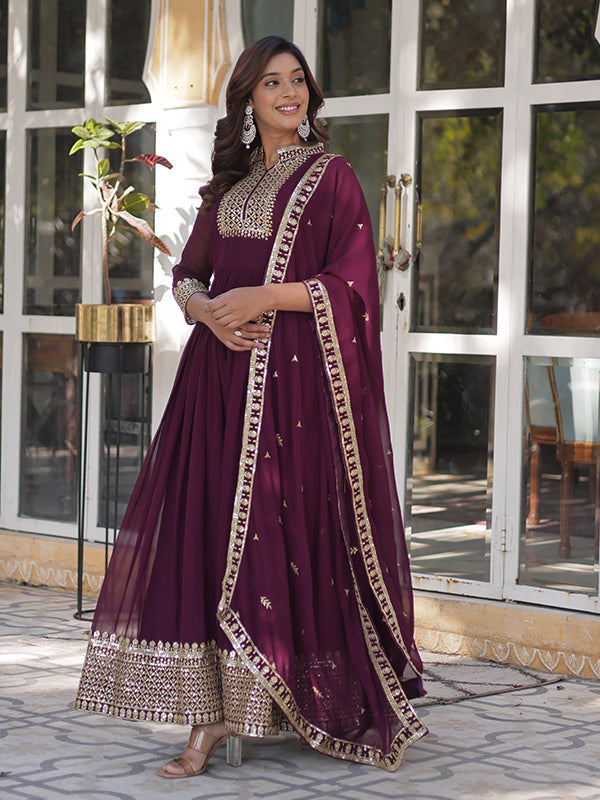 Wine Faux Georgette Rich Sequins Embroidered Gown With Dupatta