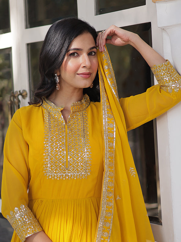 Yellow Faux Georgette Rich Sequins Embroidered Gown With Dupatta