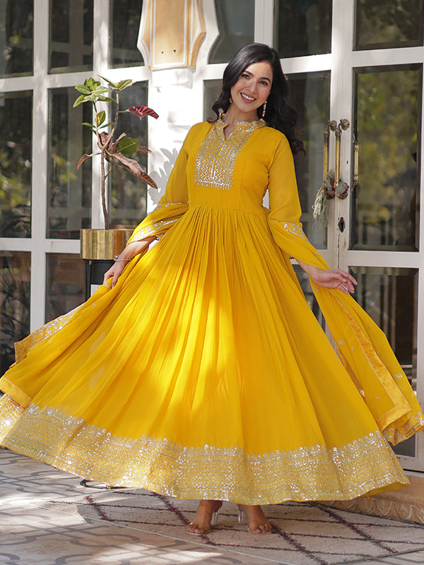 Yellow Faux Georgette Rich Sequins Embroidered Gown With Dupatta