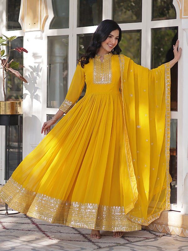 Yellow Faux Georgette Rich Sequins Embroidered Gown With Dupatta