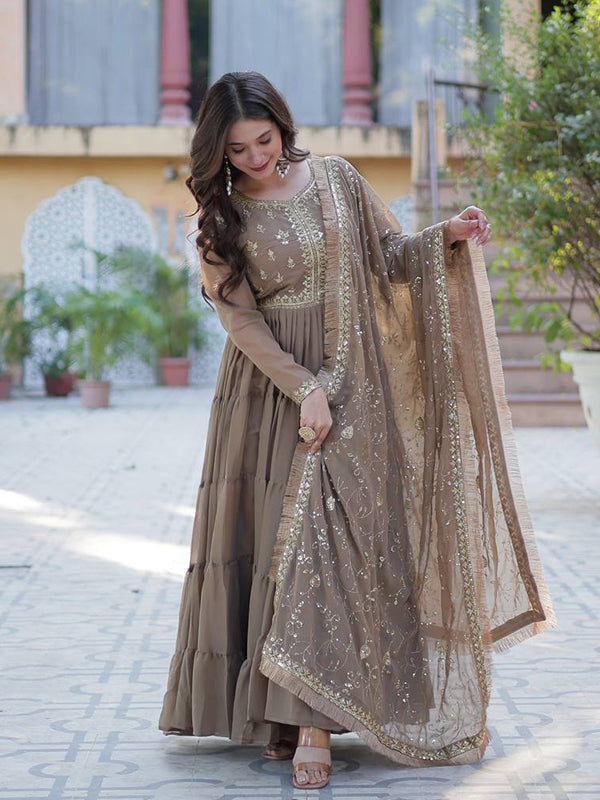 Brown Ruffle Style Georgette Gown With Embroidered Work Dupatta