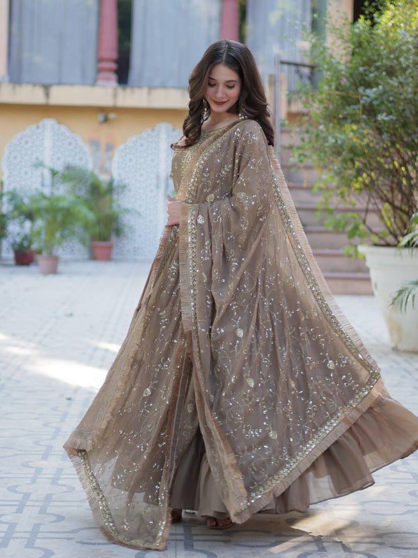 Brown Ruffle Style Georgette Gown With Embroidered Work Dupatta