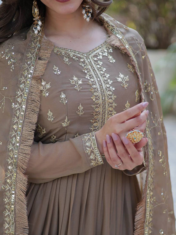 Brown Ruffle Style Georgette Gown With Embroidered Work Dupatta