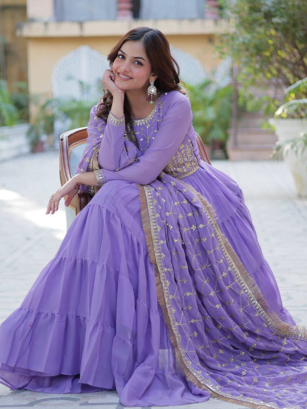 Lavender Ruffle Style Georgette Gown With Embroidered Work Dupatta