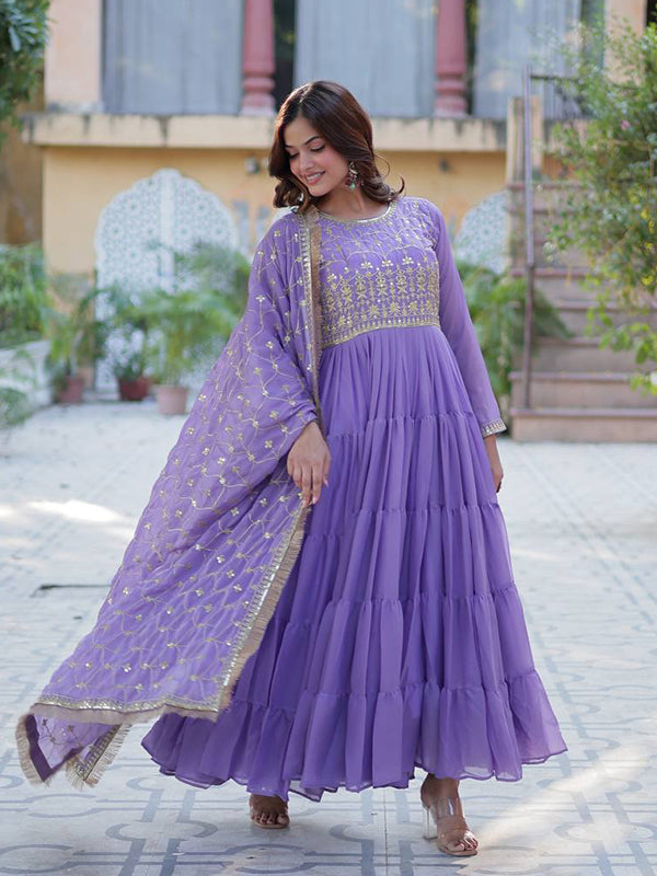 Lavender Ruffle Style Georgette Gown With Embroidered Work Dupatta