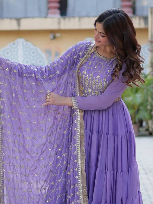 Lavender Ruffle Style Georgette Gown With Embroidered Work Dupatta