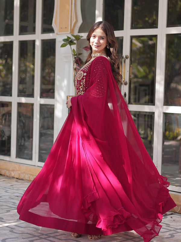 Pink Georgette Embroidered Work Gown With Dupatta