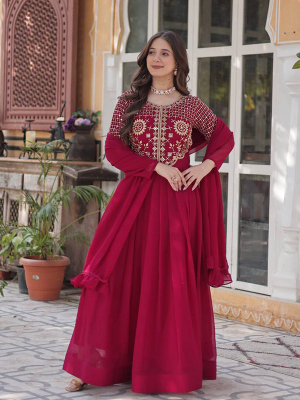 Pink Georgette Embroidered Work Gown With Dupatta