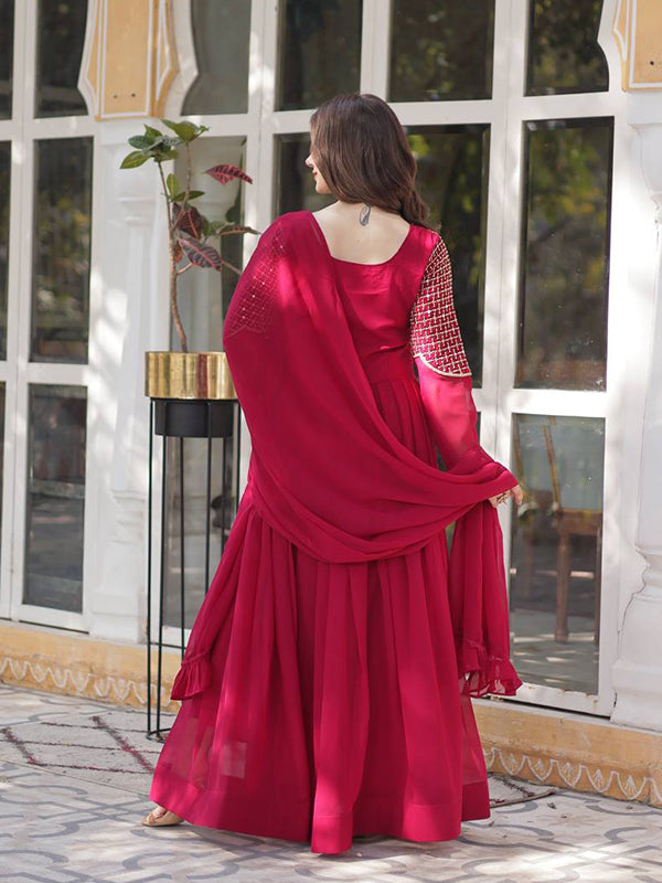 Pink Georgette Embroidered Work Gown With Dupatta
