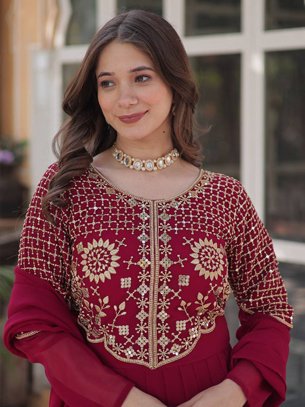Pink Georgette Embroidered Work Gown With Dupatta