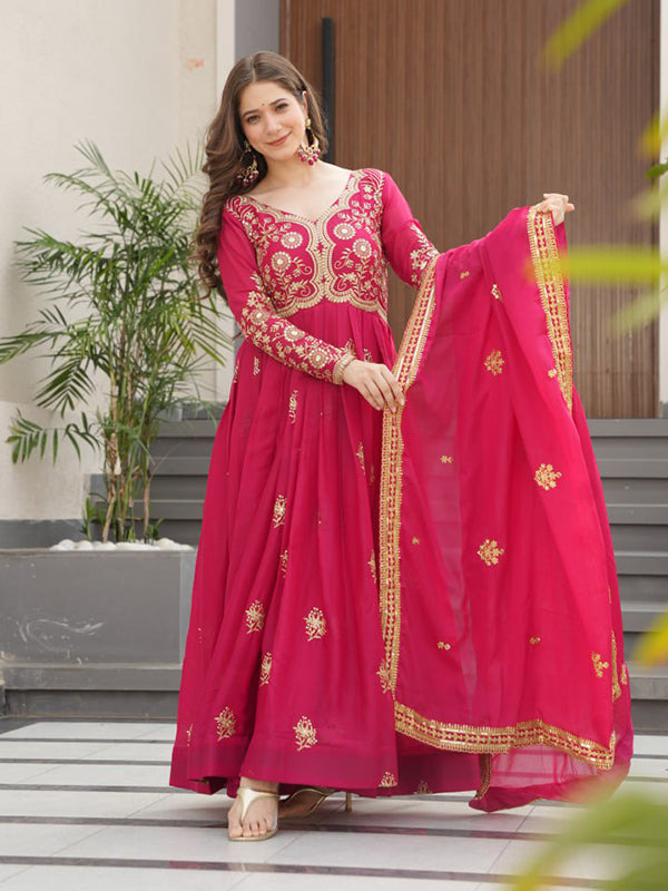 Pink Georgette Zari Embroidery Sequins Work Gown With Dupatta