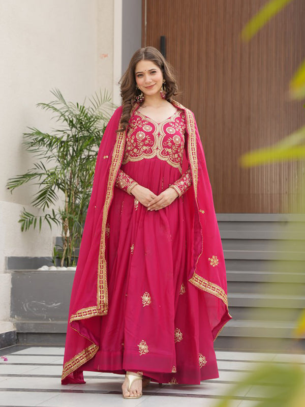 Pink Georgette Zari Embroidery Sequins Work Gown With Dupatta
