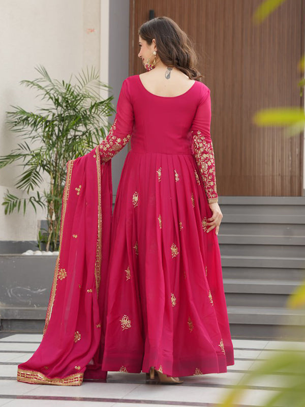 Pink Georgette Zari Embroidery Sequins Work Gown With Dupatta