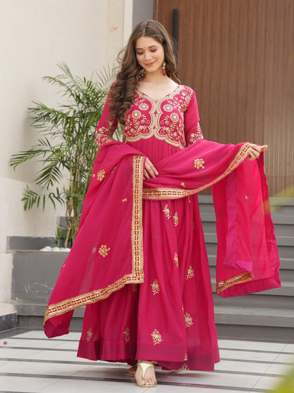 Pink Georgette Zari Embroidery Sequins Work Gown With Dupatta