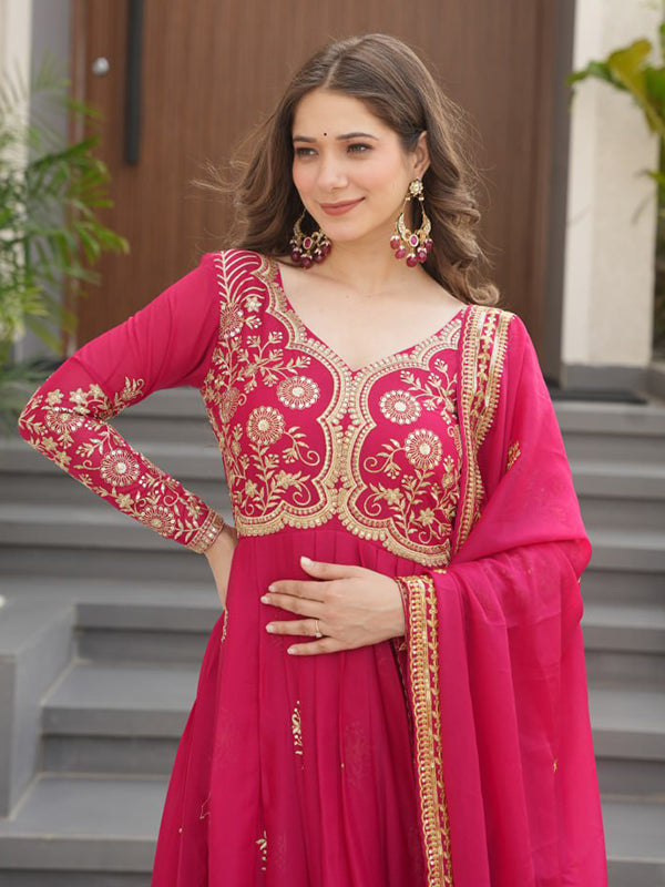 Pink Georgette Zari Embroidery Sequins Work Gown With Dupatta