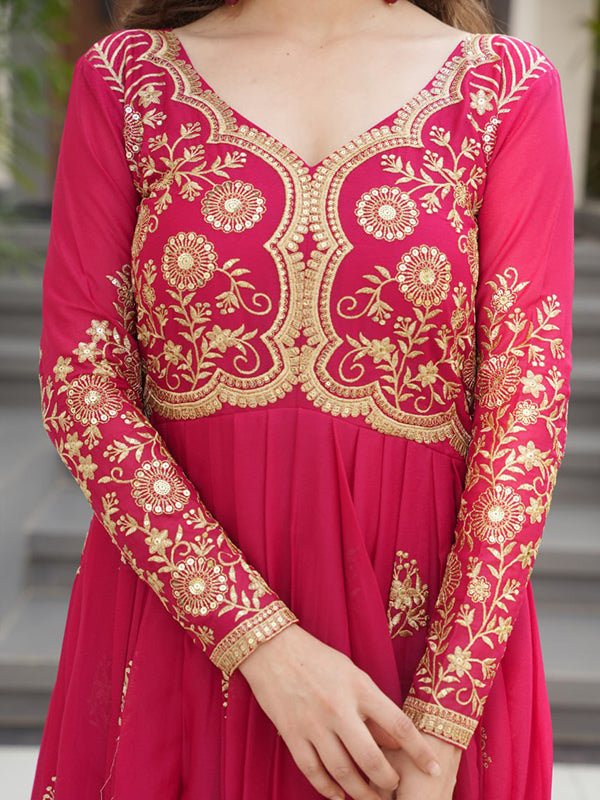 Pink Georgette Zari Embroidery Sequins Work Gown With Dupatta