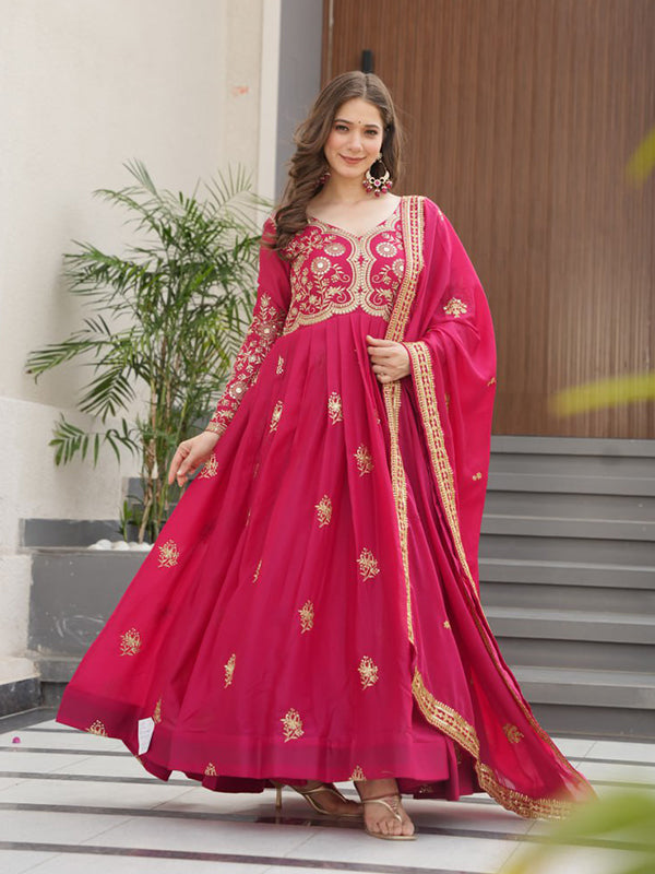 Pink Georgette Zari Embroidery Sequins Work Gown With Dupatta