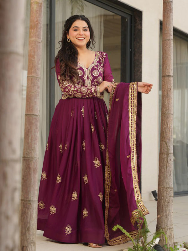 Wine Georgette Zari Embroidery Sequins Work Gown With Dupatta