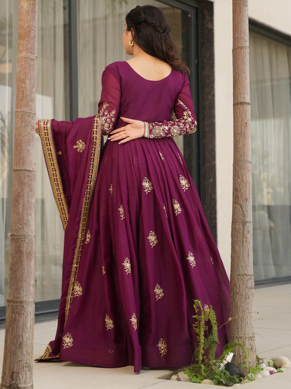 Wine Georgette Zari Embroidery Sequins Work Gown With Dupatta