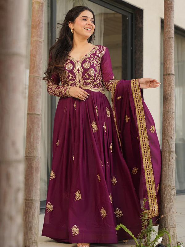 Wine Georgette Zari Embroidery Sequins Work Gown With Dupatta