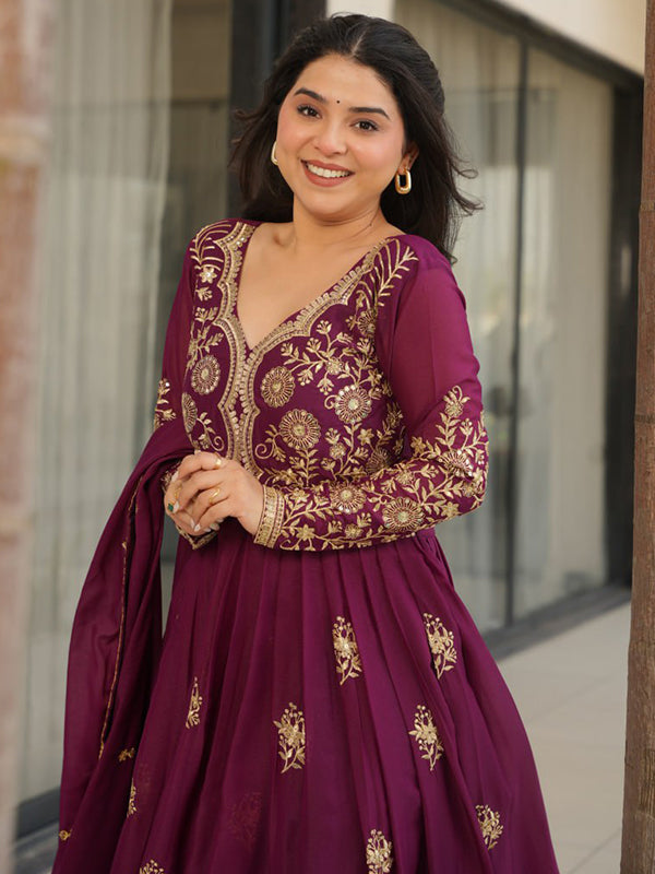 Wine Georgette Zari Embroidery Sequins Work Gown With Dupatta
