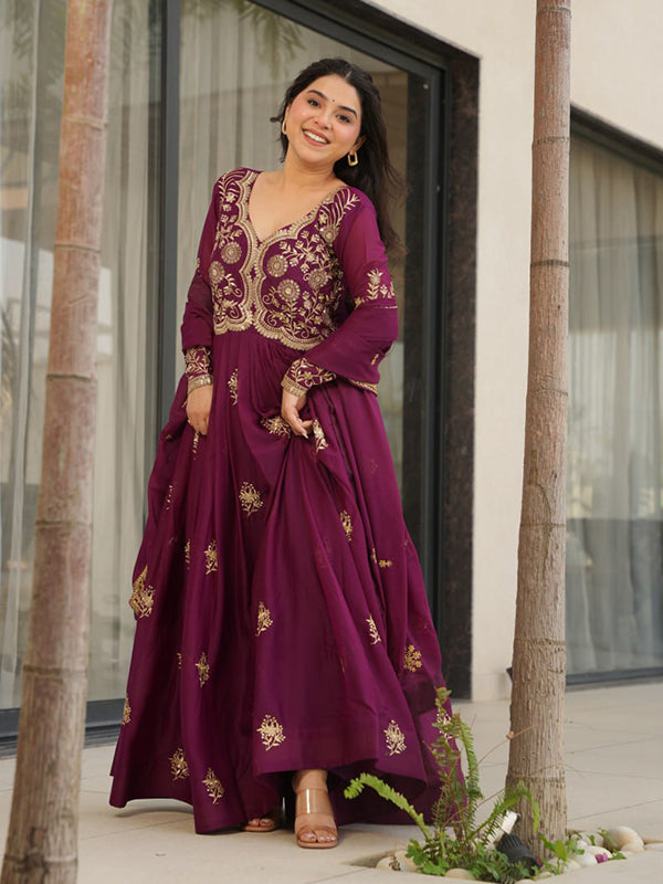 Wine Georgette Zari Embroidery Sequins Work Gown With Dupatta