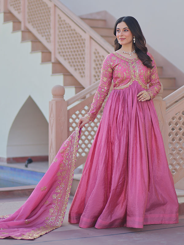Pink Sequins Multi Embroidered Work Gold Crush Gown With Dupatta
