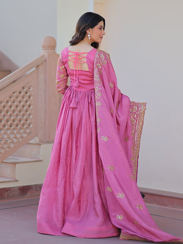 Pink Sequins Multi Embroidered Work Gold Crush Gown With Dupatta