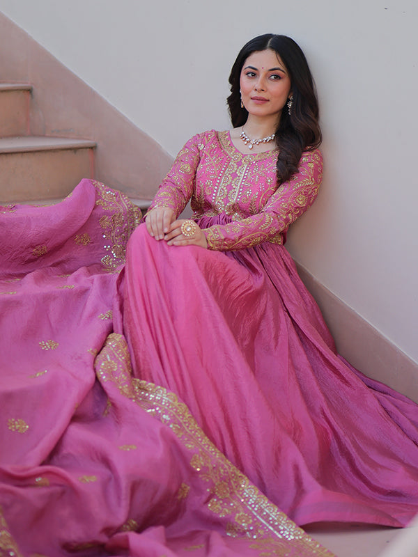 Pink Sequins Multi Embroidered Work Gold Crush Gown With Dupatta