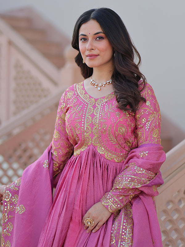 Pink Sequins Multi Embroidered Work Gold Crush Gown With Dupatta