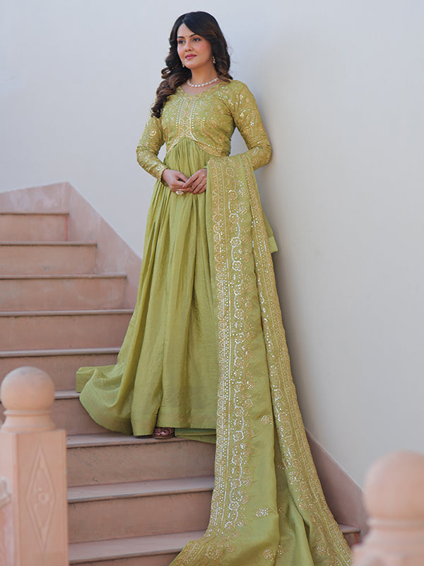 Pista Green Sequins Multi Embroidered Work Gold Crush Gown With Dupatta