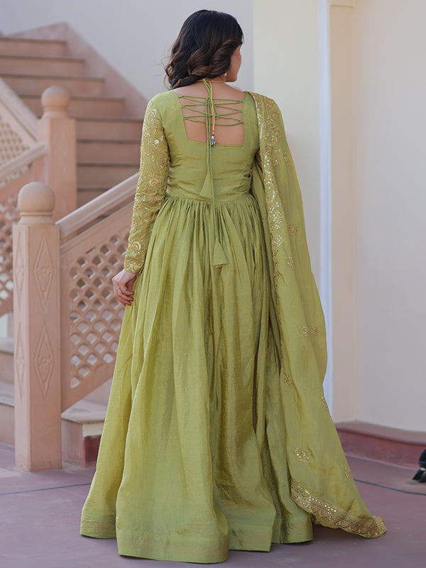 Pista Green Sequins Multi Embroidered Work Gold Crush Gown With Dupatta