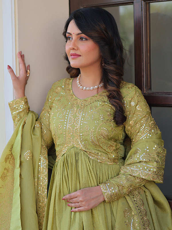 Pista Green Sequins Multi Embroidered Work Gold Crush Gown With Dupatta