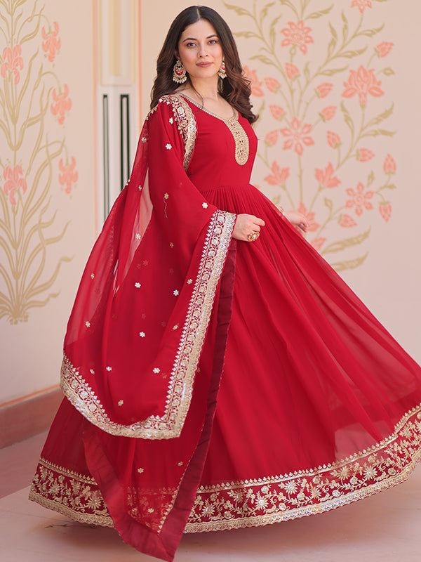 Maroon Faux Blooming Georgette Sequins Embroidered Work Gown With Dupatta