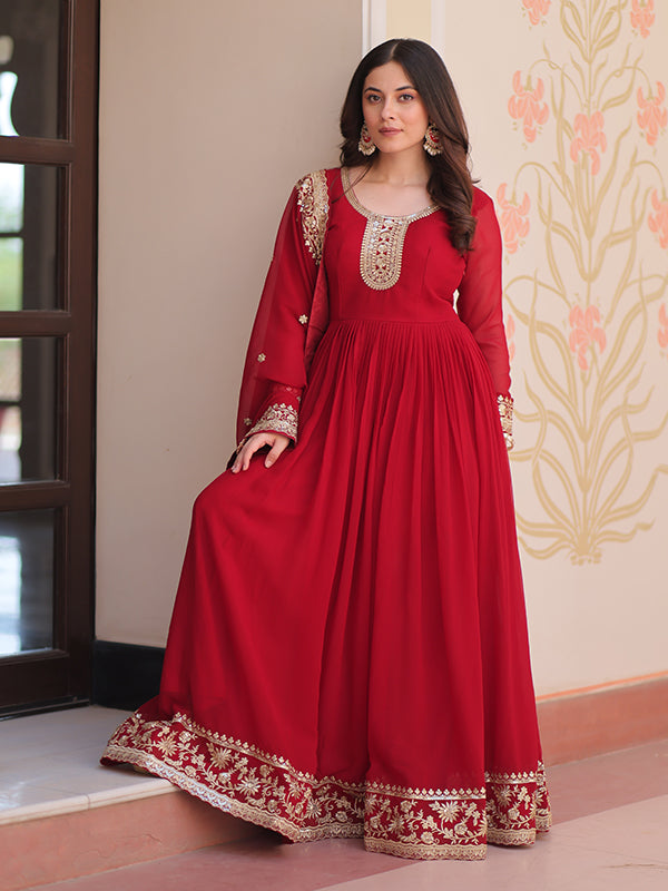 Maroon Faux Blooming Georgette Sequins Embroidered Work Gown With Dupatta