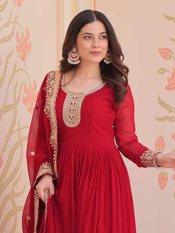 Maroon Faux Blooming Georgette Sequins Embroidered Work Gown With Dupatta