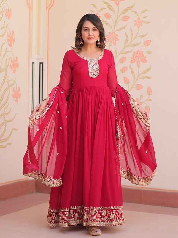 Pink Faux Blooming Georgette Sequins Embroidered Work Gown With Dupatta