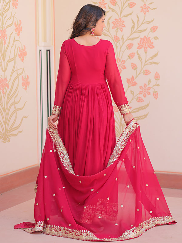 Pink Faux Blooming Georgette Sequins Embroidered Work Gown With Dupatta