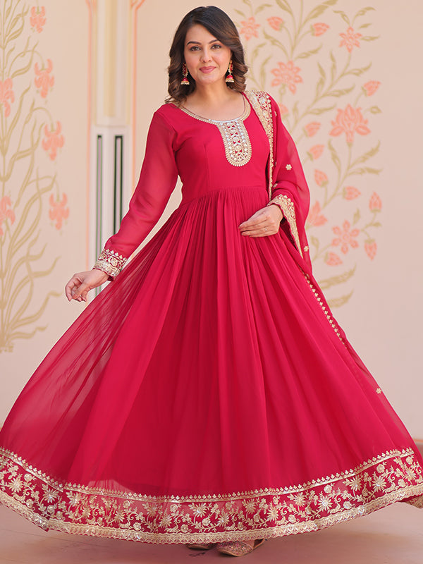 Pink Faux Blooming Georgette Sequins Embroidered Work Gown With Dupatta