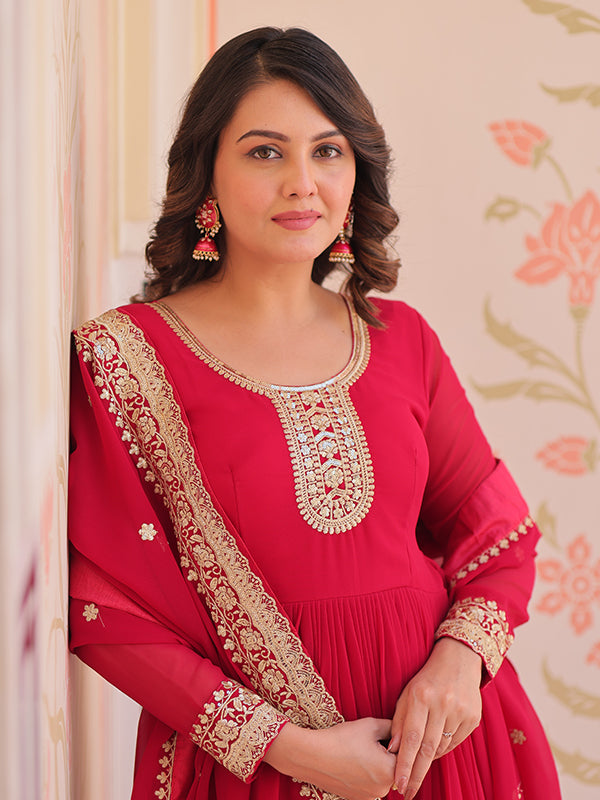 Pink Faux Blooming Georgette Sequins Embroidered Work Gown With Dupatta