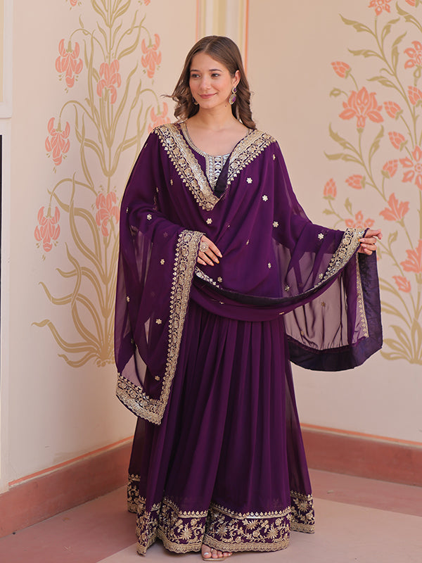 Purple Faux Blooming Georgette Sequins Embroidered Work Gown With Dupatta