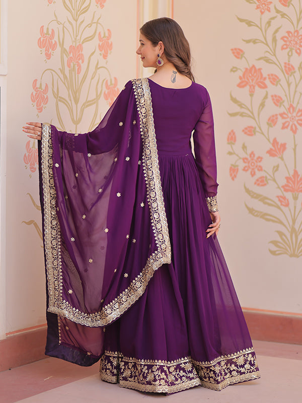 Purple Faux Blooming Georgette Sequins Embroidered Work Gown With Dupatta