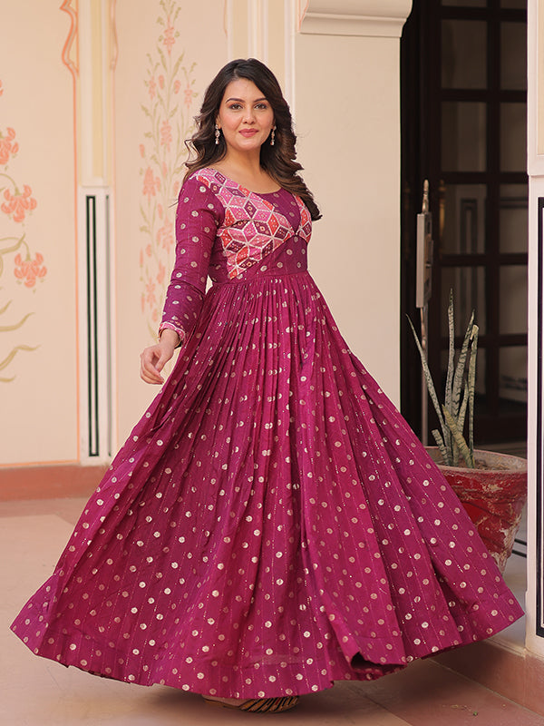 Wine Position Print Jacquard Weaving Gown