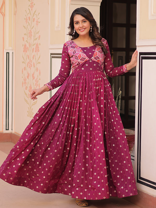 Wine Position Print Jacquard Weaving Gown