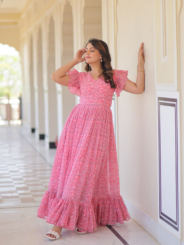Pink Floral Printed Faux Georgette Gown