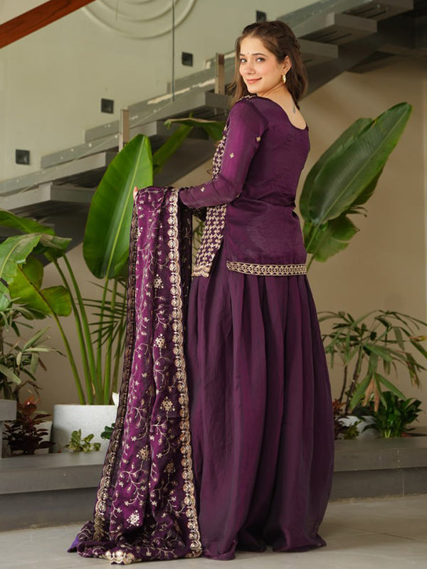 Wine Rich Beads Embroidered Work Sharara Suit With Dupatta