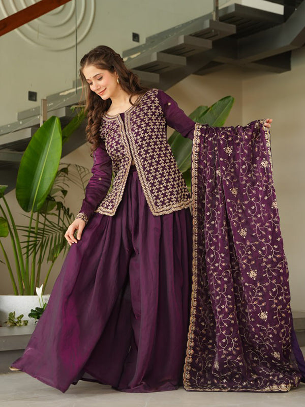 Wine Rich Beads Embroidered Work Sharara Suit With Dupatta